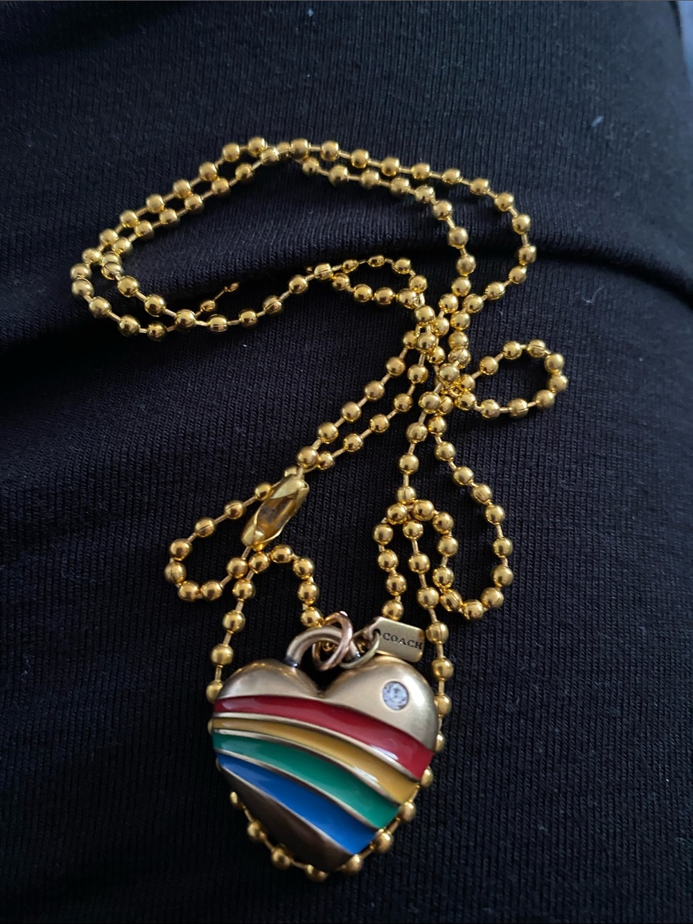Coach Gold-Tone Heart Necklace with Rainbow Enamel Stripes